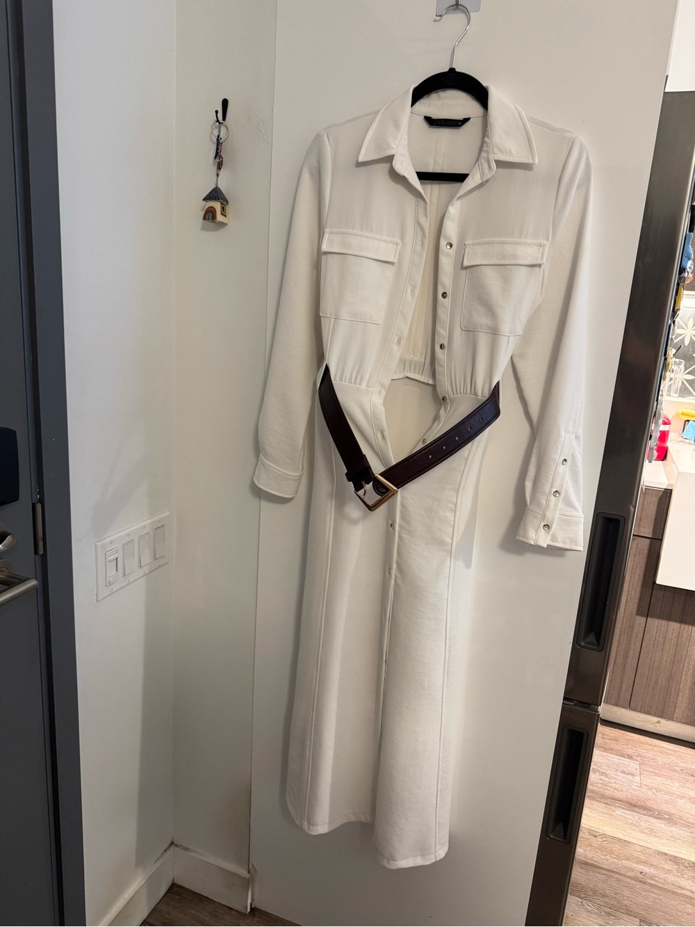 Zara White Long Sleeve Shirt Dress with Brown Belt